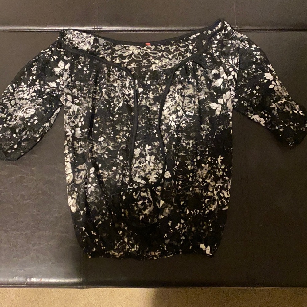 See through black and white floral lace top